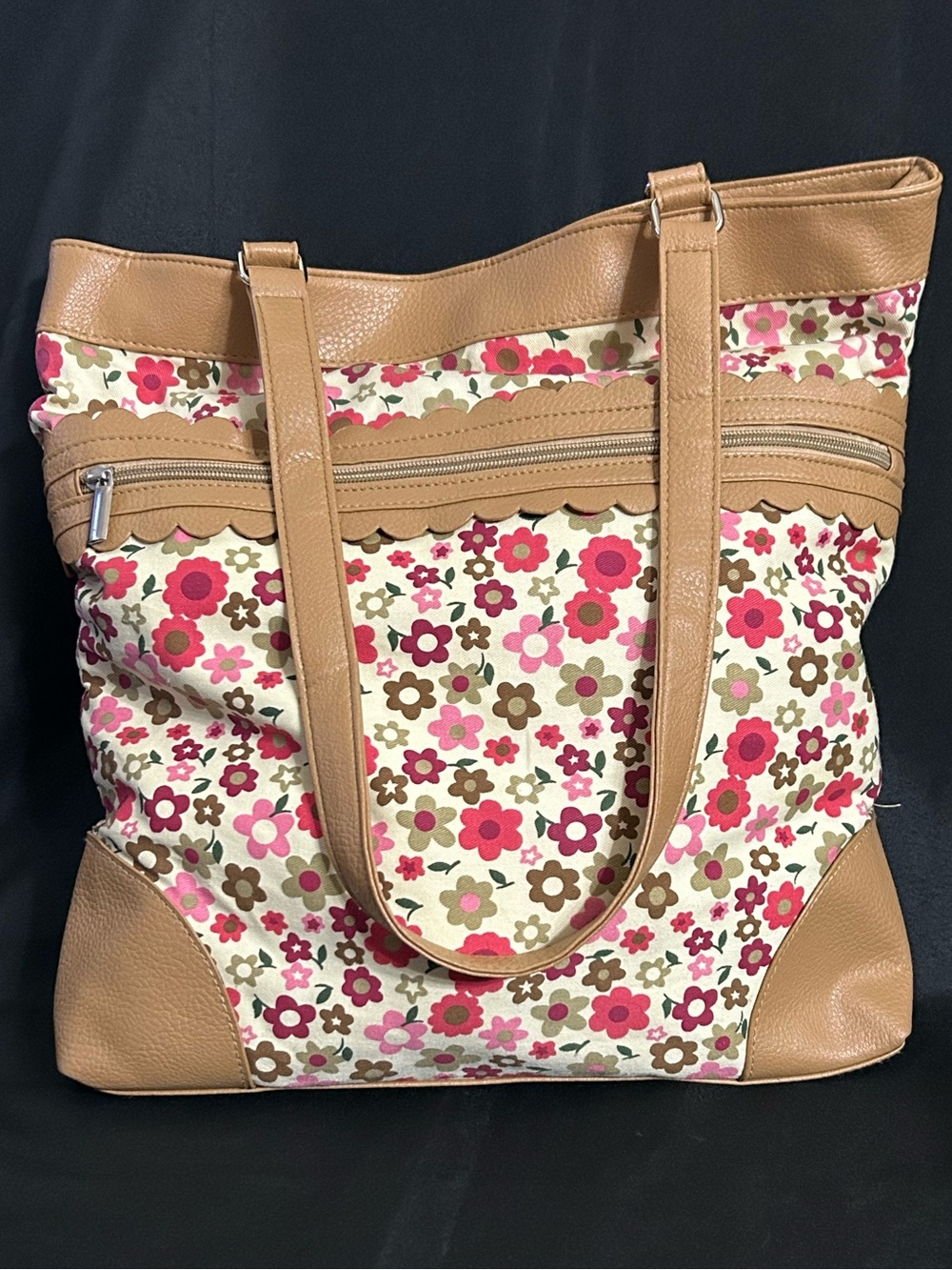 Braciano Floral Print Tote Bag with Tan Trim